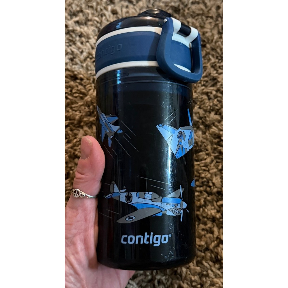 Contigo-NAvy Blue Aircraft Pattern Tumbler-Spill Proof Valve-Carrying Handle